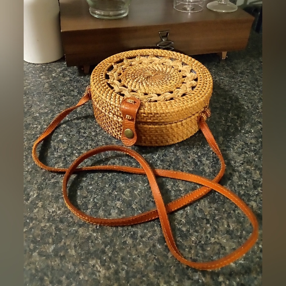 Tan Round Crossbody Bag with Woven Design